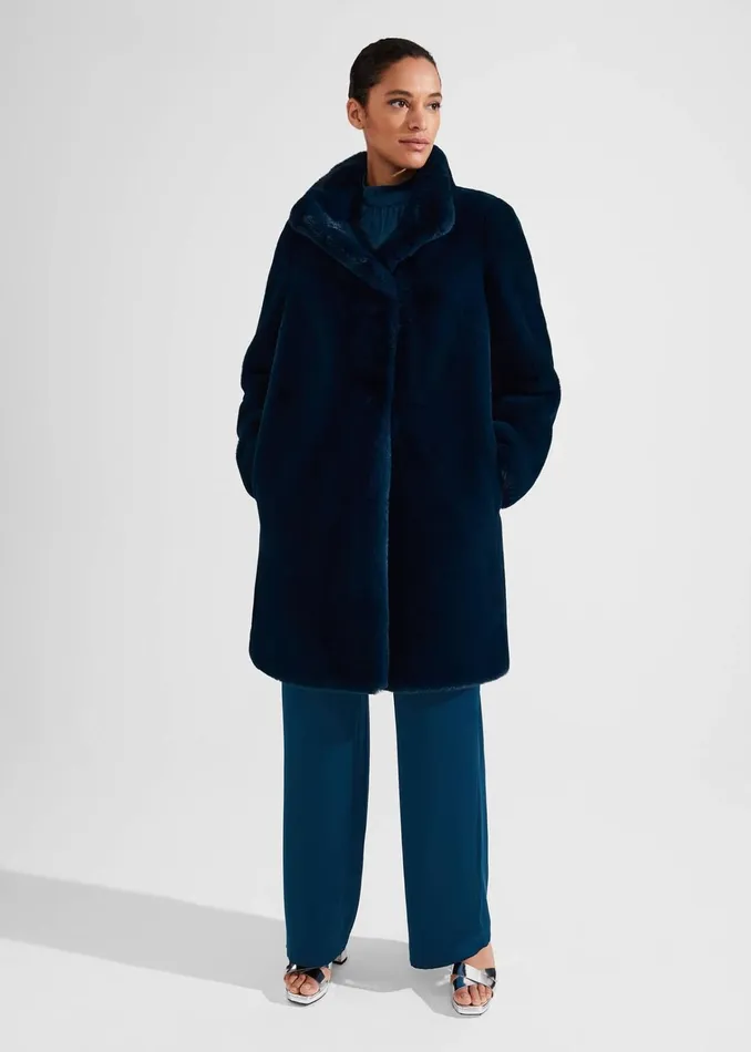Women Petite Maddox Faux Fur Coat Steel Blue Hobbs Coats and Jackets