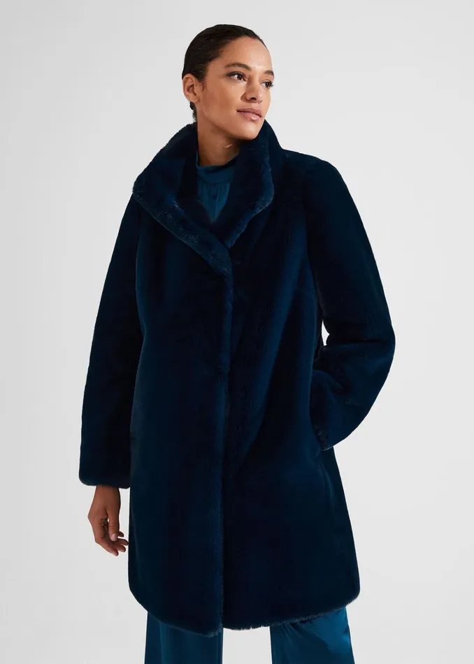 Women Petite Maddox Faux Fur Coat Steel Blue Hobbs Coats and Jackets
