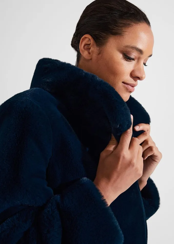 Women Petite Maddox Faux Fur Coat Steel Blue Hobbs Coats and Jackets