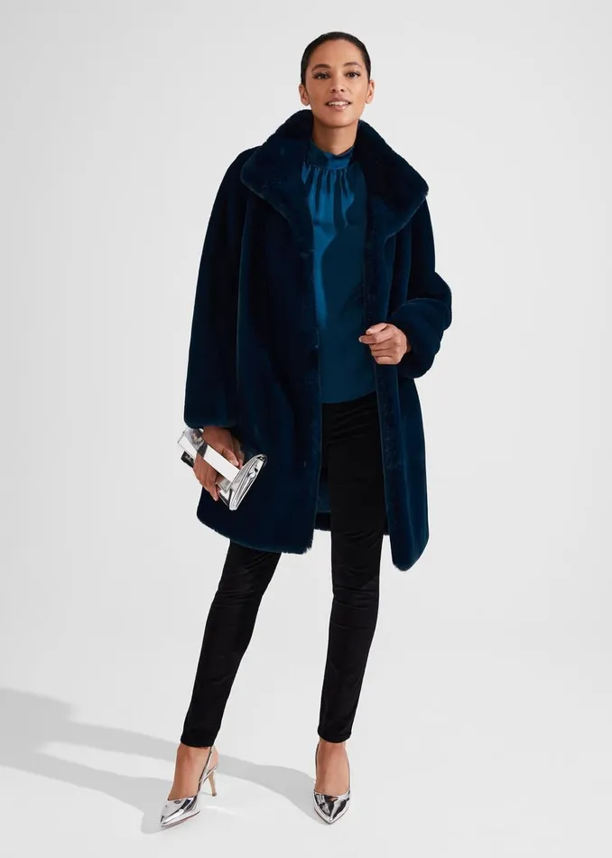 Women Petite Maddox Faux Fur Coat Steel Blue Hobbs Coats and Jackets