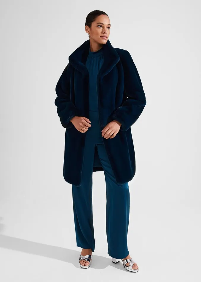Women Petite Maddox Faux Fur Coat Steel Blue Hobbs Coats and Jackets