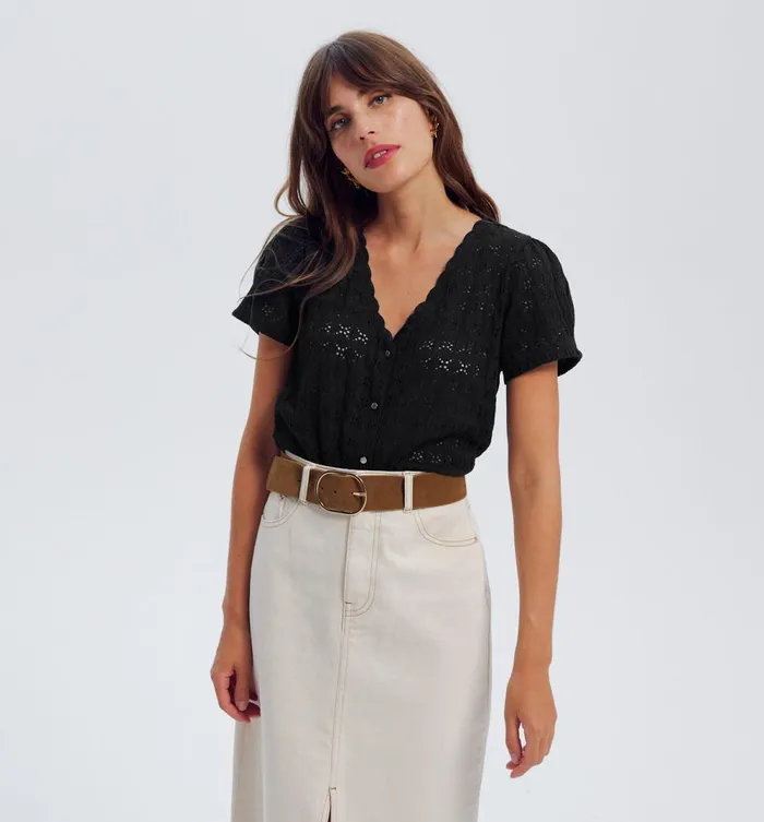 Women Plain Openwork Top 8211 Black Promod Tops