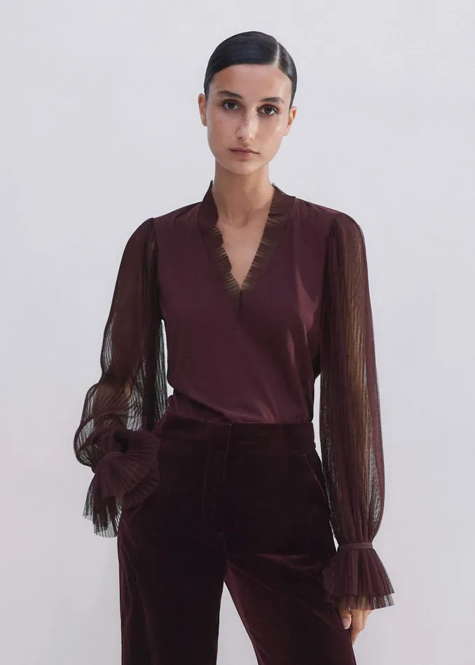 Women Pleated Tulle Layering Blouse Deep Merlot MEEM