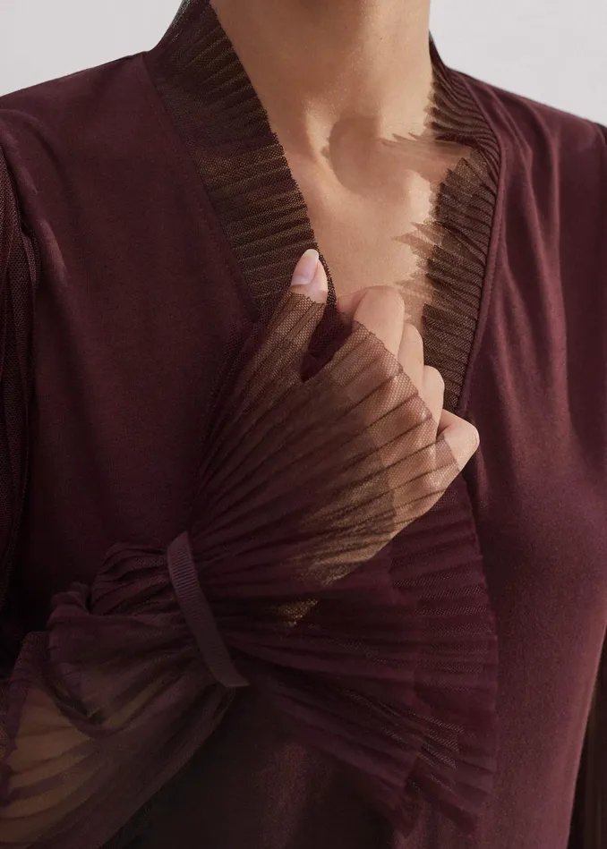 Women Pleated Tulle Layering Blouse Deep Merlot MEEM