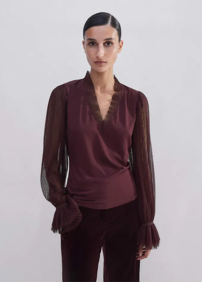 Women Pleated Tulle Layering Blouse Deep Merlot MEEM