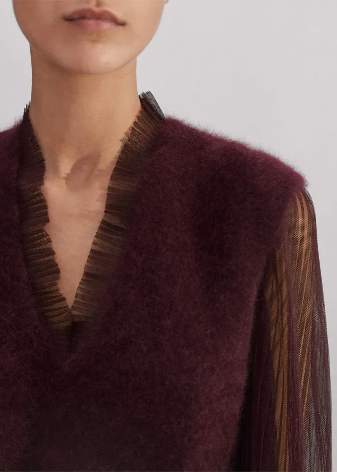 Women Pleated Tulle Layering Blouse Deep Merlot MEEM