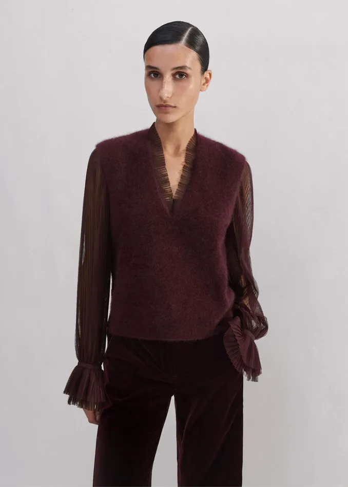 Women Pleated Tulle Layering Blouse Deep Merlot MEEM