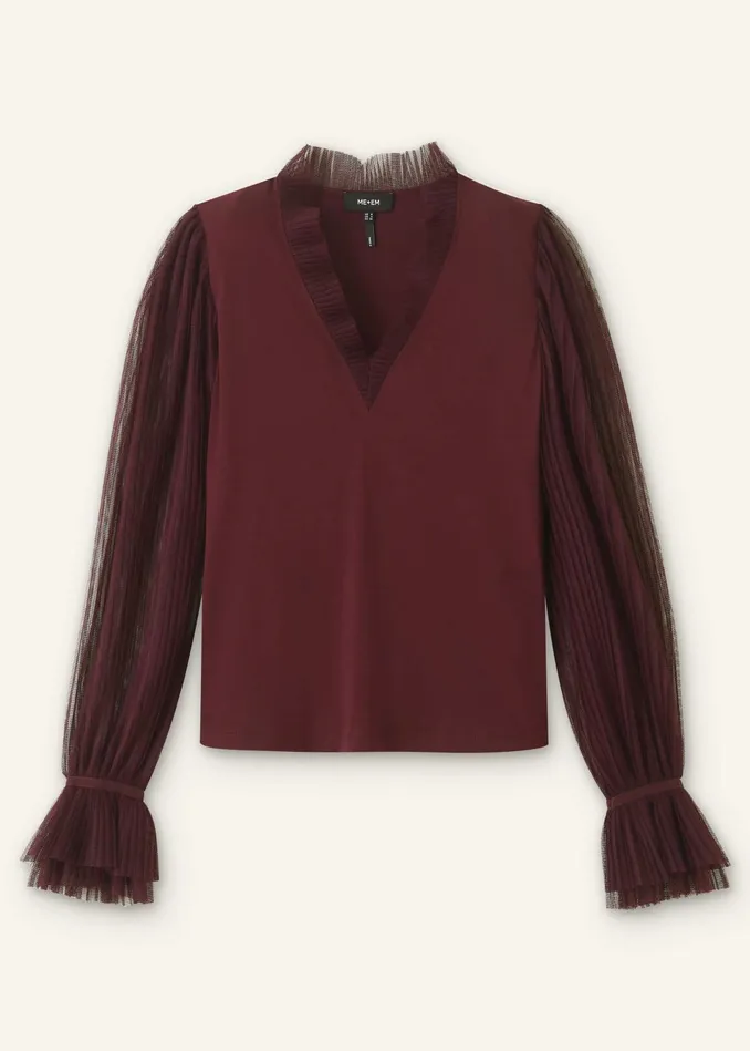 Women Pleated Tulle Layering Blouse Deep Merlot MEEM