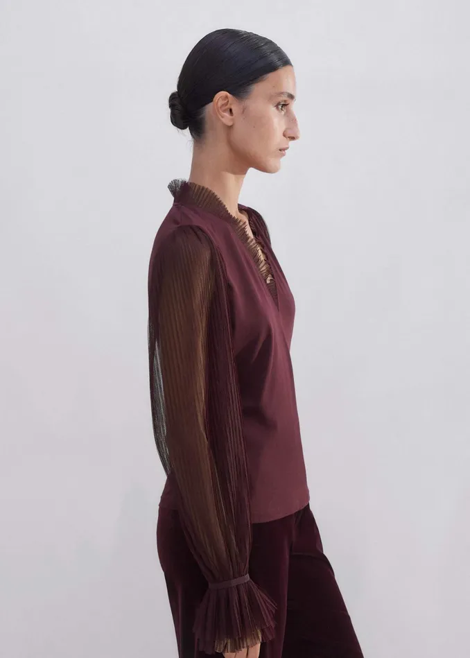 Women Pleated Tulle Layering Blouse Deep Merlot MEEM