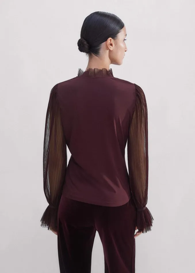 Women Pleated Tulle Layering Blouse Deep Merlot MEEM