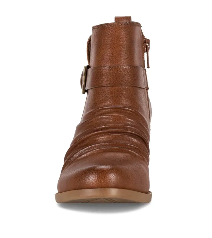 Women Rebel Block Heel Bootie Cognac Baretraps Booties