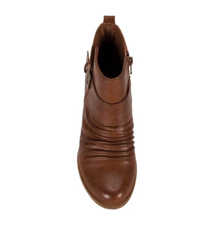 Women Rebel Block Heel Bootie Cognac Baretraps Booties