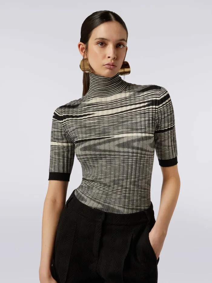 Women Ribbed High Neck Pullover In Cashmere And Silk Black and White Missoni Knitwear Women Ribbed High Neck Pullover In Cashmere And Silk Black and White Missoni Knitwear