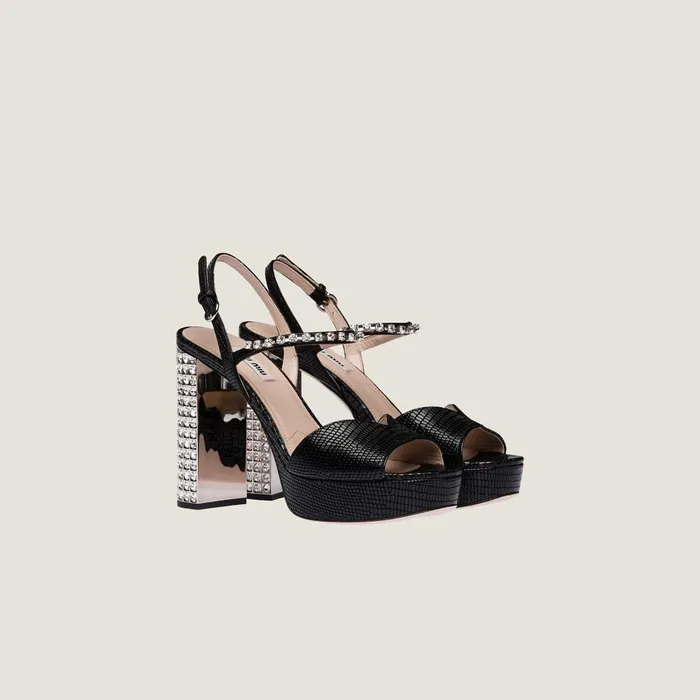 Women Sandals Miu Miu Lizardprint Leather Platform Sandals Black