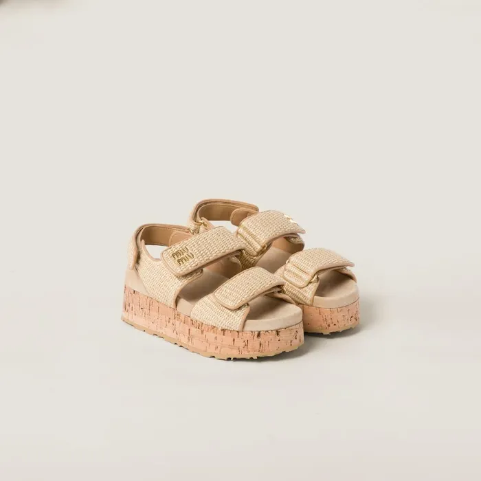 Women Sandals Miu Miu Raffiaeffect Woven Fabric Flatform Sandals Natural