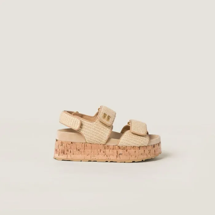 Women Sandals Miu Miu Raffiaeffect Woven Fabric Flatform Sandals Natural Women Sandals Miu Miu Raffiaeffect Woven Fabric Flatform Sandals Natural