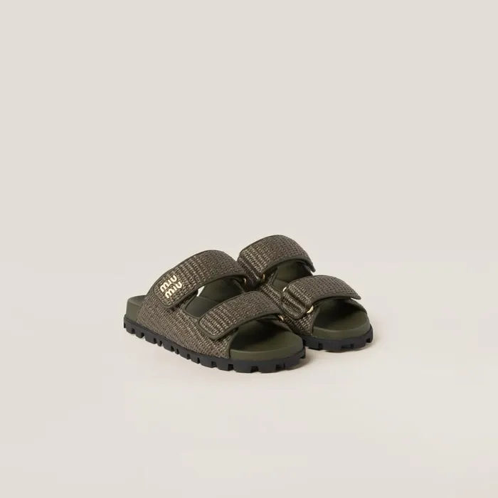 Women Sandals Miu Miu Raffiaeffect Woven Fabric Slides Military Green
