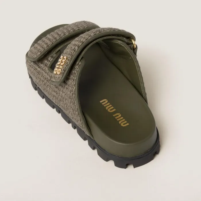 Women Sandals Miu Miu Raffiaeffect Woven Fabric Slides Military Green Women Sandals Miu Miu Raffiaeffect Woven Fabric Slides Military Green