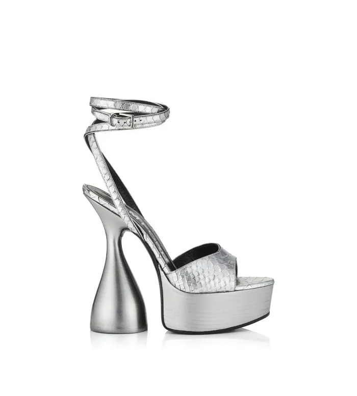 Women Sandals Tom Ford Laminated Stamped Python Leather Disco Platform Sandal 140 Mm Silver