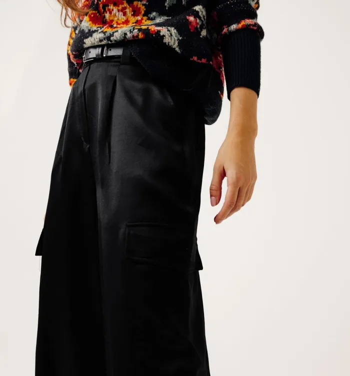 Women Satin Cargo Trousers 8211 Black Promod Trousers Women Satin Cargo Trousers 8211 Black Promod Trousers