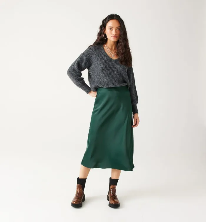 Women Satin Midi Skirt 8211 Green Promod Skirts
