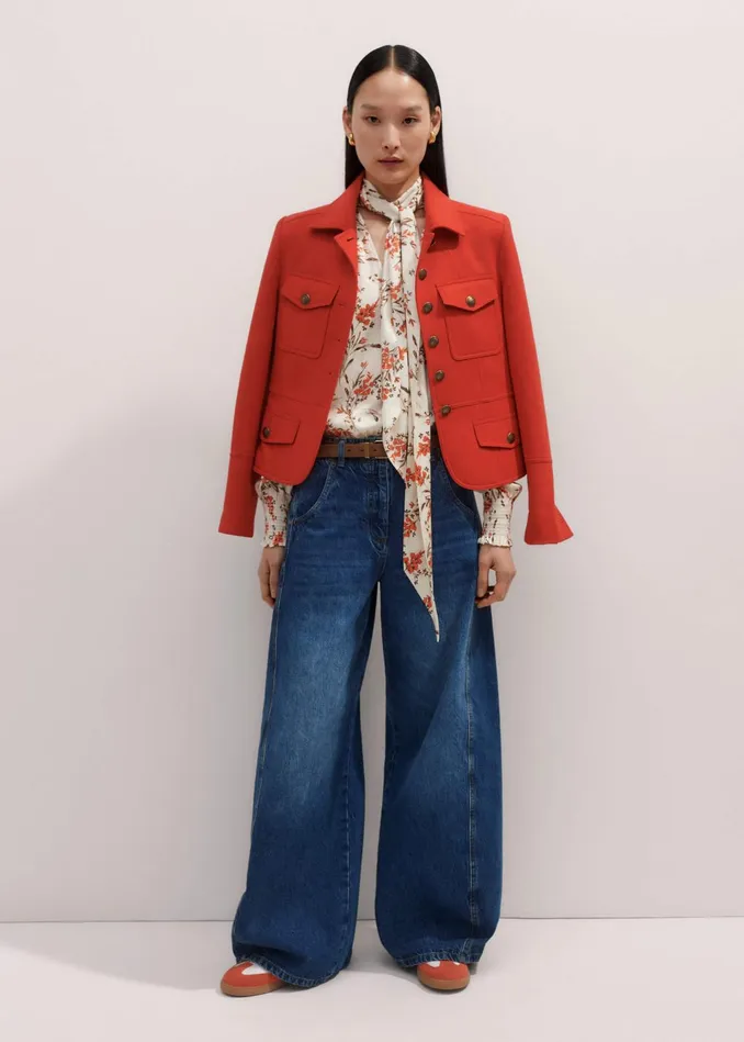 Women Scattered Floral Print Pussybow Blouse Orange Spicelight Creammulti MEEM