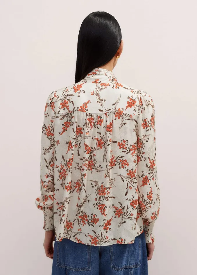 Women Scattered Floral Print Pussybow Blouse Orange Spicelight Creammulti MEEM