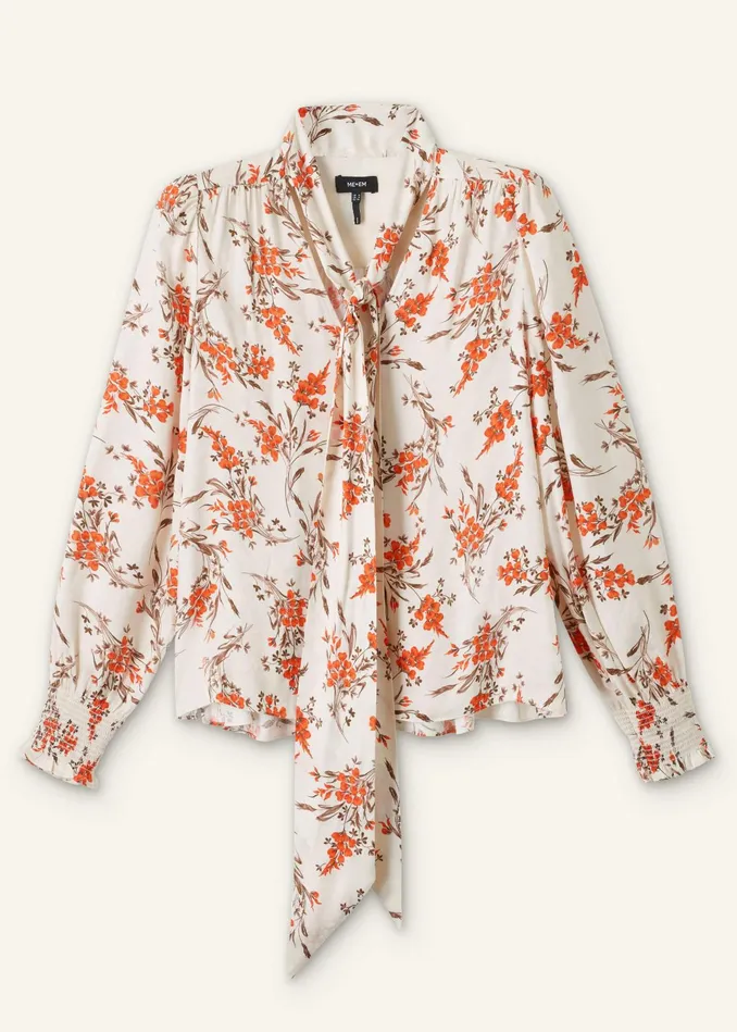 Women Scattered Floral Print Pussybow Blouse Orange Spicelight Creammulti MEEM