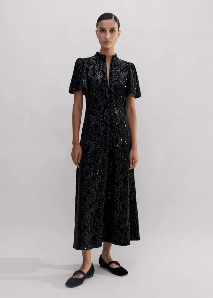Women Sequin Velour Midi Dress Black MEEM