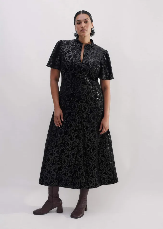 Women Sequin Velour Midi Dress Black MEEM
