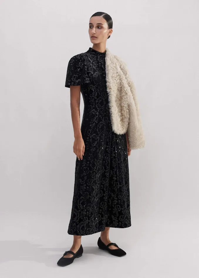 Women Sequin Velour Midi Dress Black MEEM