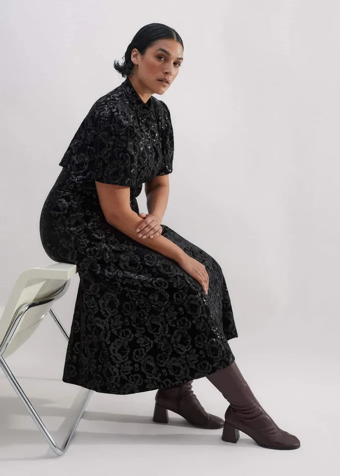 Women Sequin Velour Midi Dress Black MEEM
