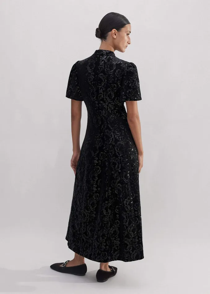 Women Sequin Velour Midi Dress Black MEEM