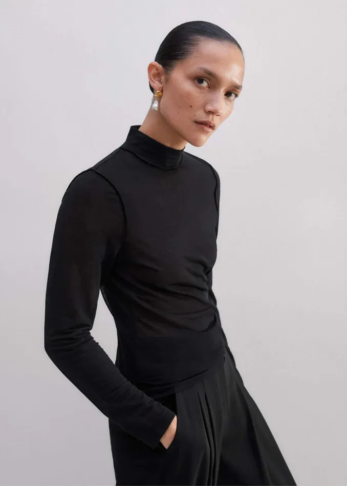 Women Sheer Long Sleeve Layering Top Black MEEM