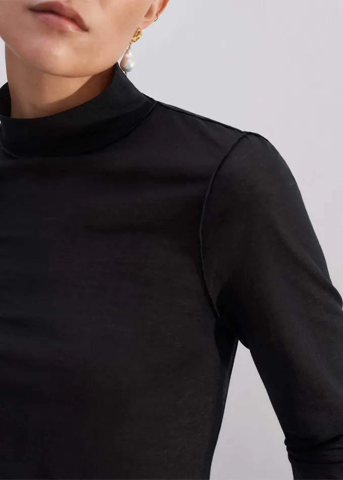 Women Sheer Long Sleeve Layering Top Black MEEM