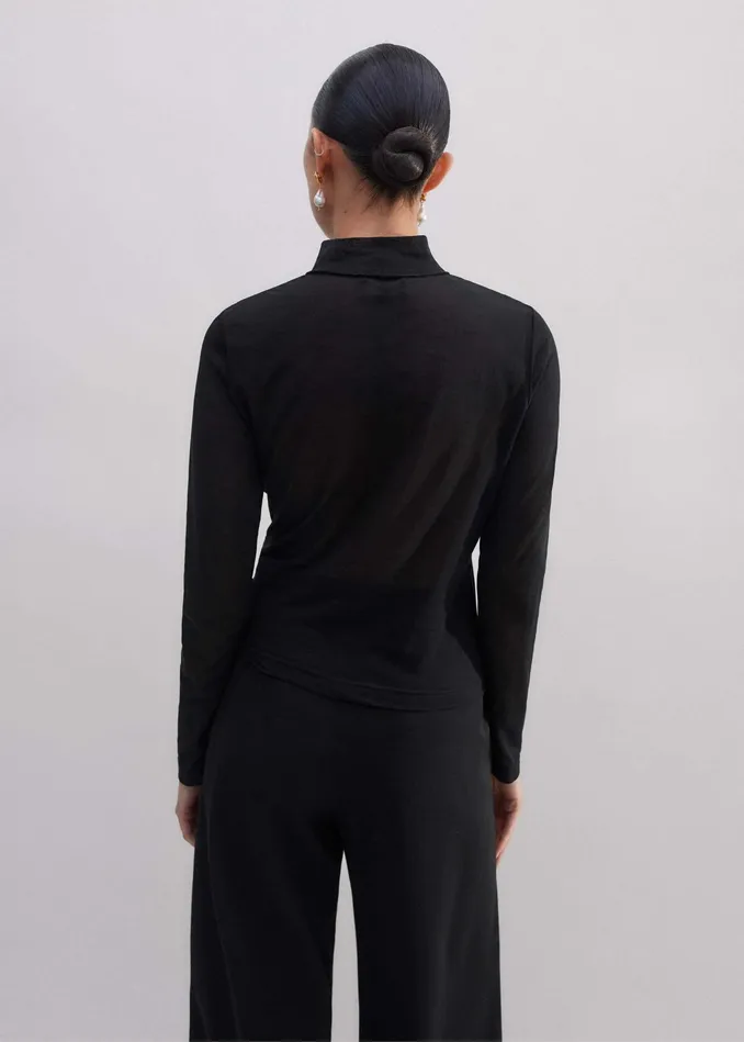Women Sheer Long Sleeve Layering Top Black MEEM