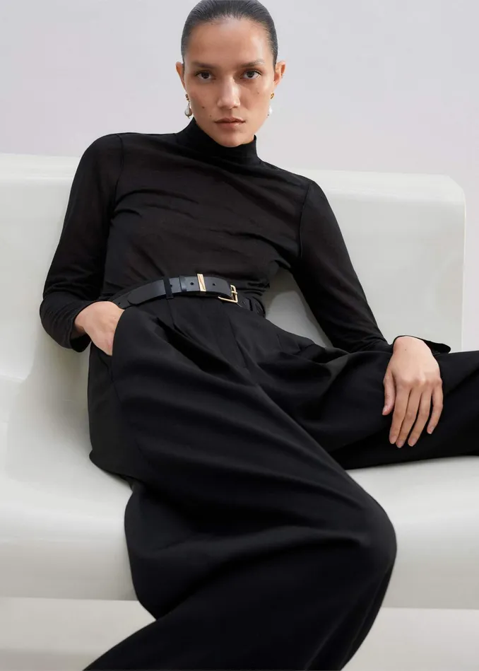 Women Sheer Long Sleeve Layering Top Black MEEM