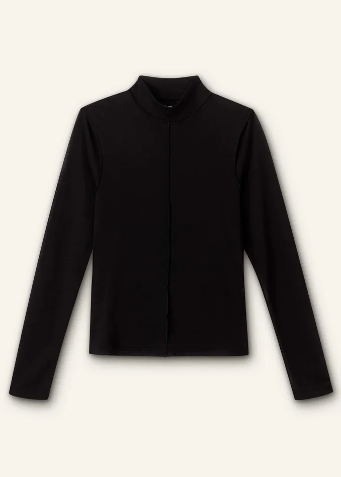 Women Sheer Long Sleeve Layering Top Black MEEM