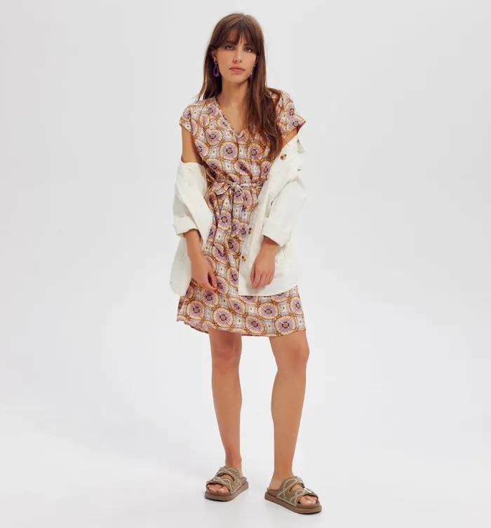 Women Short Dress 8211 Ecru Print Promod Dresses