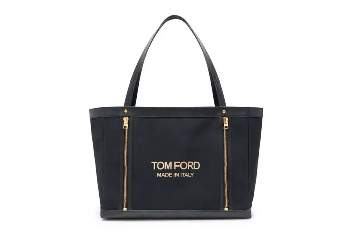 Women Shoulder Bags Tom Ford Textured Canvas T Screw Tote Black Gold