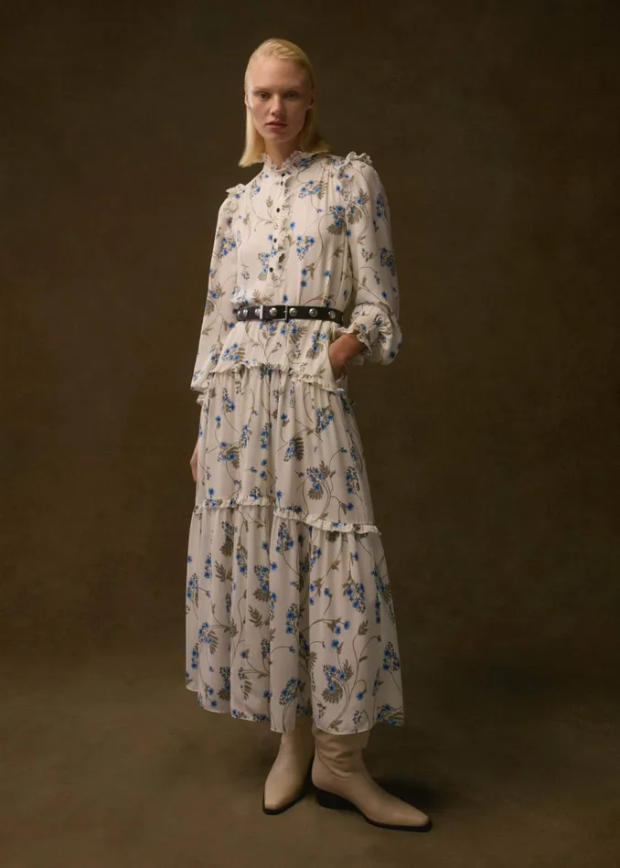 Women Silk ForgetMeNot Print Maxi Dress Creambluemulti MEEM