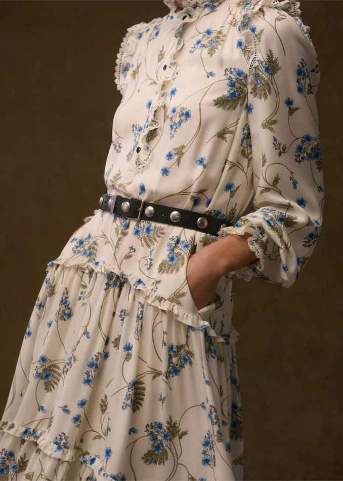 Women Silk ForgetMeNot Print Maxi Dress Creambluemulti MEEM