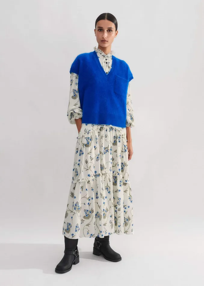 Women Silk ForgetMeNot Print Maxi Dress Creambluemulti MEEM