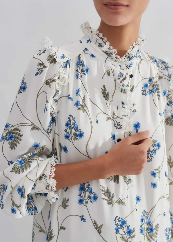 Women Silk ForgetMeNot Print Maxi Dress Creambluemulti MEEM