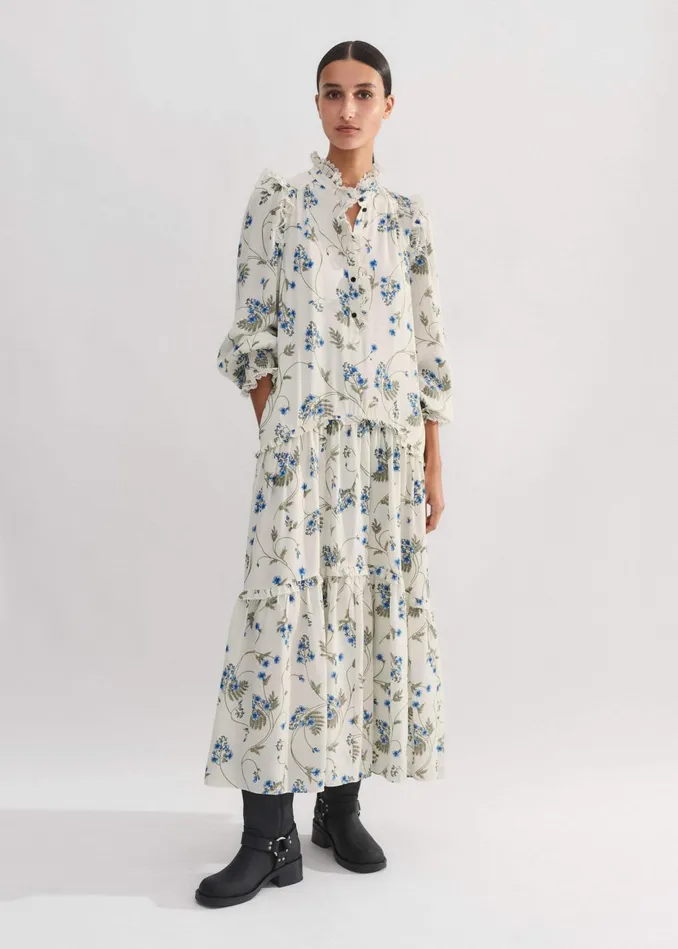 Women Silk ForgetMeNot Print Maxi Dress Creambluemulti MEEM