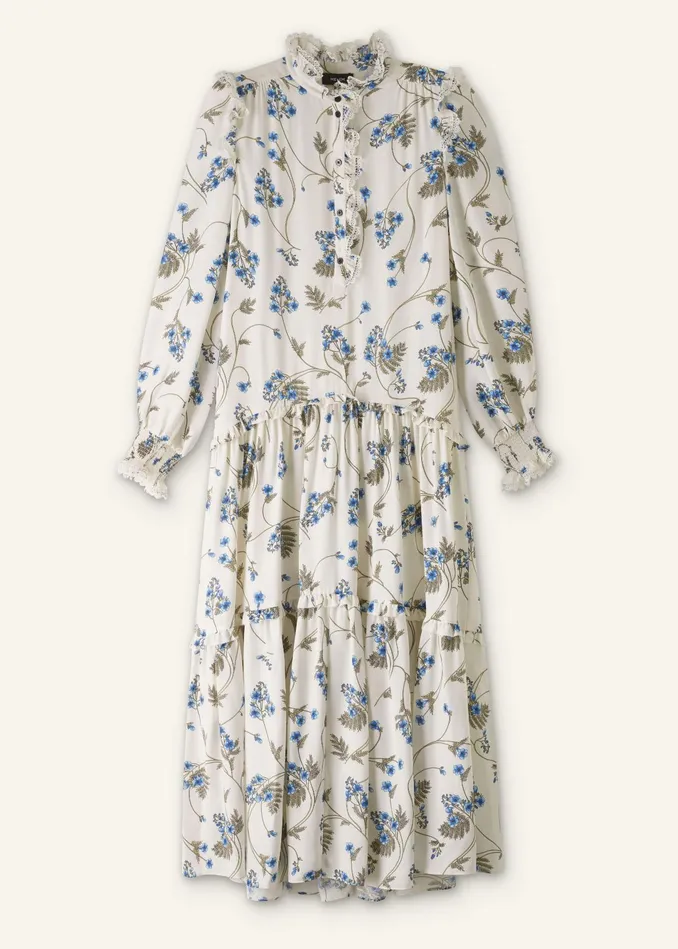 Women Silk ForgetMeNot Print Maxi Dress Creambluemulti MEEM
