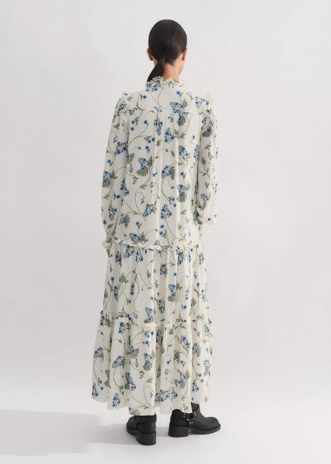 Women Silk ForgetMeNot Print Maxi Dress Creambluemulti MEEM
