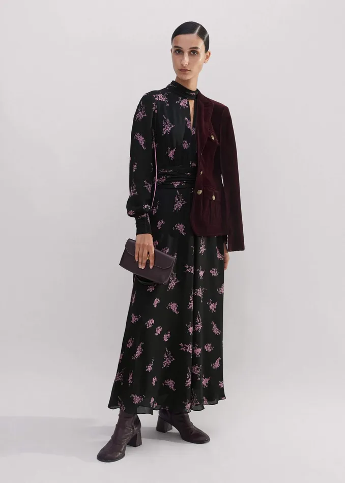 Women Silk Scattered Floral Print Maxi Dress Blackfresh Lavender Pink MEEM