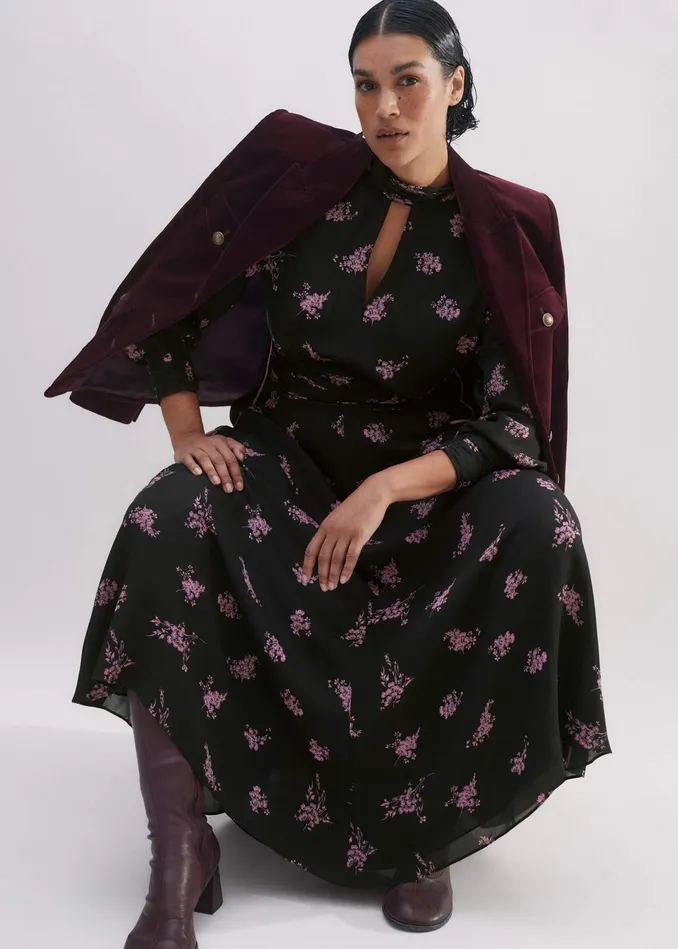 Women Silk Scattered Floral Print Maxi Dress Blackfresh Lavender Pink MEEM