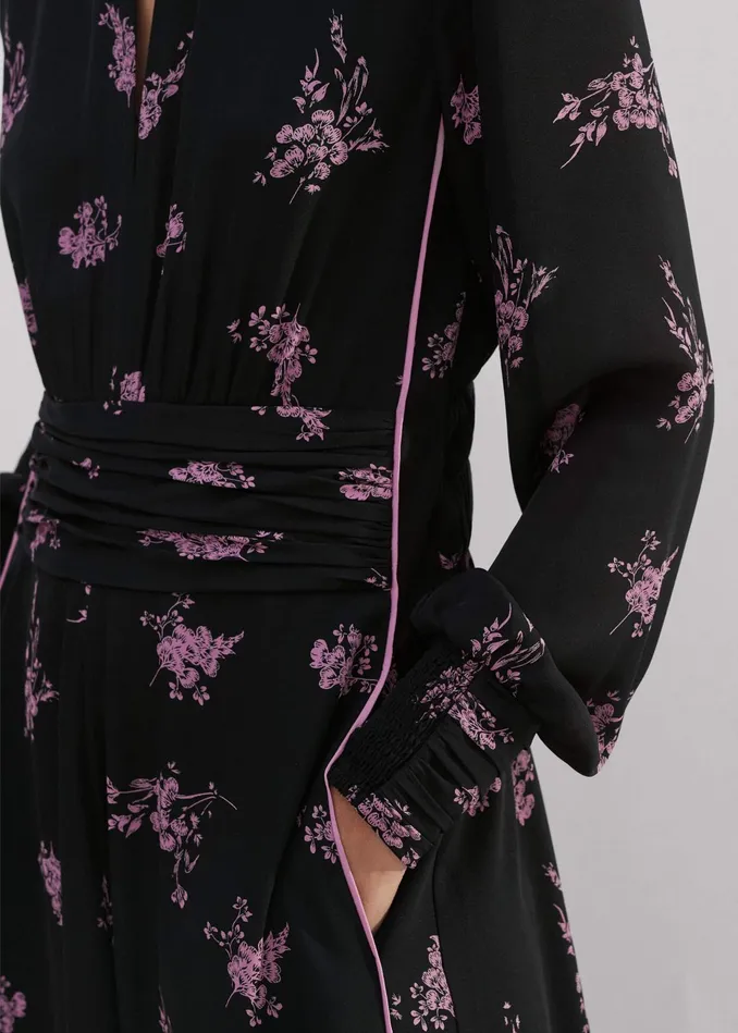 Women Silk Scattered Floral Print Maxi Dress Blackfresh Lavender Pink MEEM